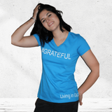 #GRATEFUL V-Neck Turquoise 100% Cotton Woman T-Shirt with White Accents