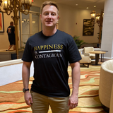 Happiness is Contagious tee black 100% Cotton Man T-Shirt with White & Gold Accents