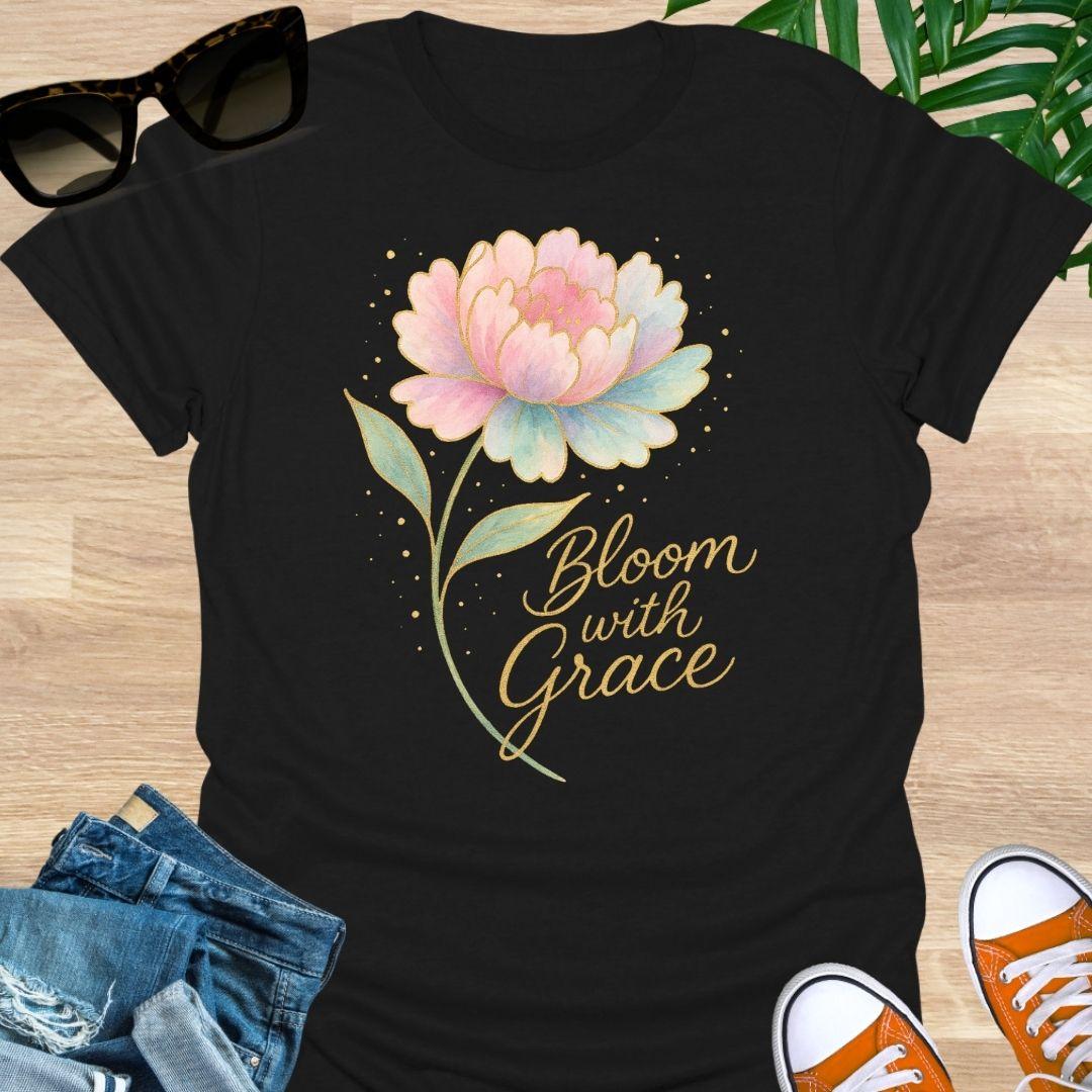 Watercolor floral design with pastel flower and gold text reading “Bloom With Grace.” on a black unisex tee