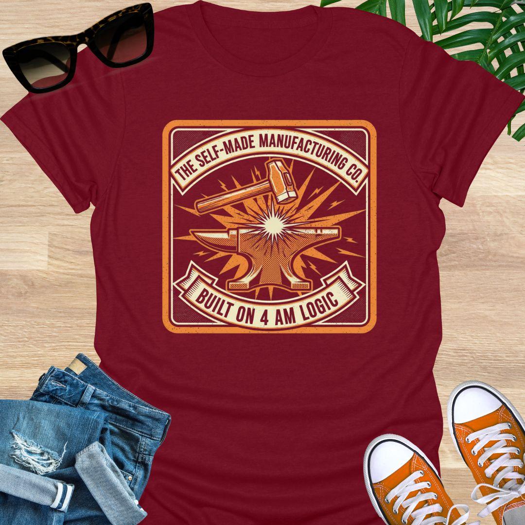 Vintage-style anvil and hammer graphic with the words “The Self-Made Manufacturing Co. – Built on 4 AM Logic” on a red unisex t-shirt