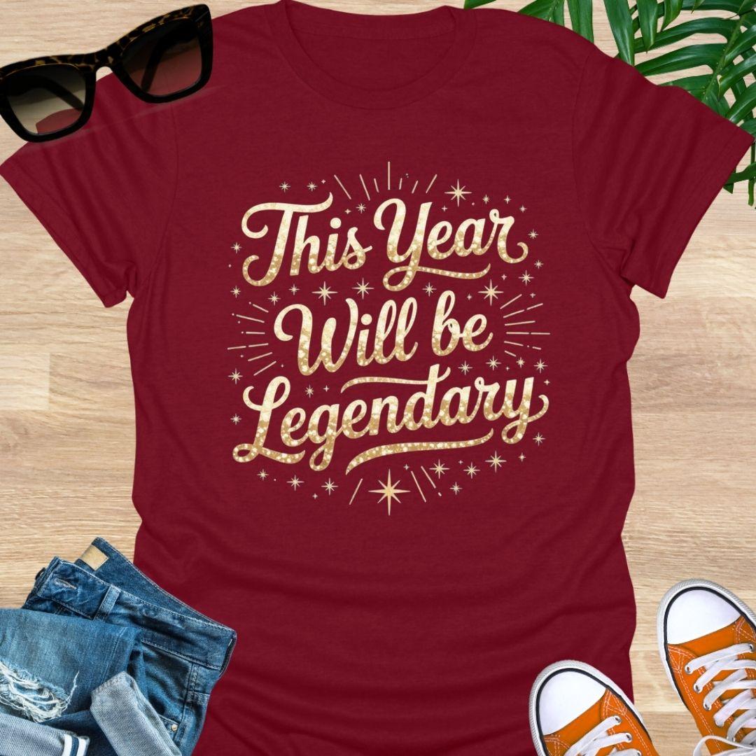 Gold sparkle script “This Year Will Be Legendary” with starbursts on a red unisex tee.