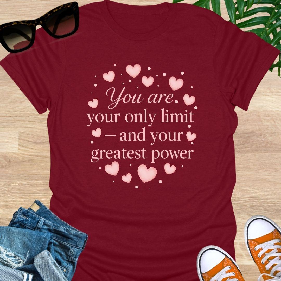 Pink hearts around the quote “You are your only limit—and your greatest power” on a red unisex tee.