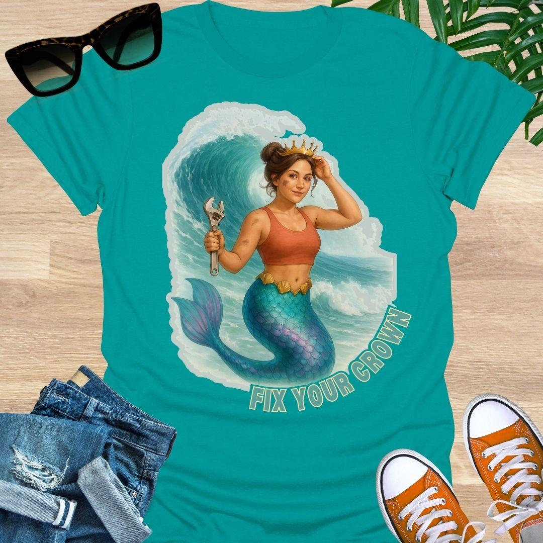 Fix Your Crown, Mermaid Mechanic, Iridescent Wave Graphic, Unisex T-Shirt