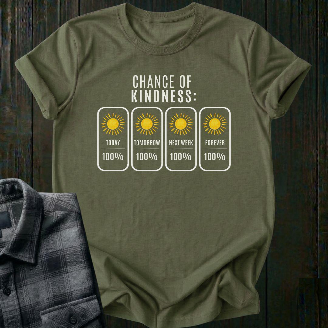 Weather forecast inspired graphic displaying a 100% chance of kindness today, tomorrow, next week, and forever with bright sun icons on a military green tee.