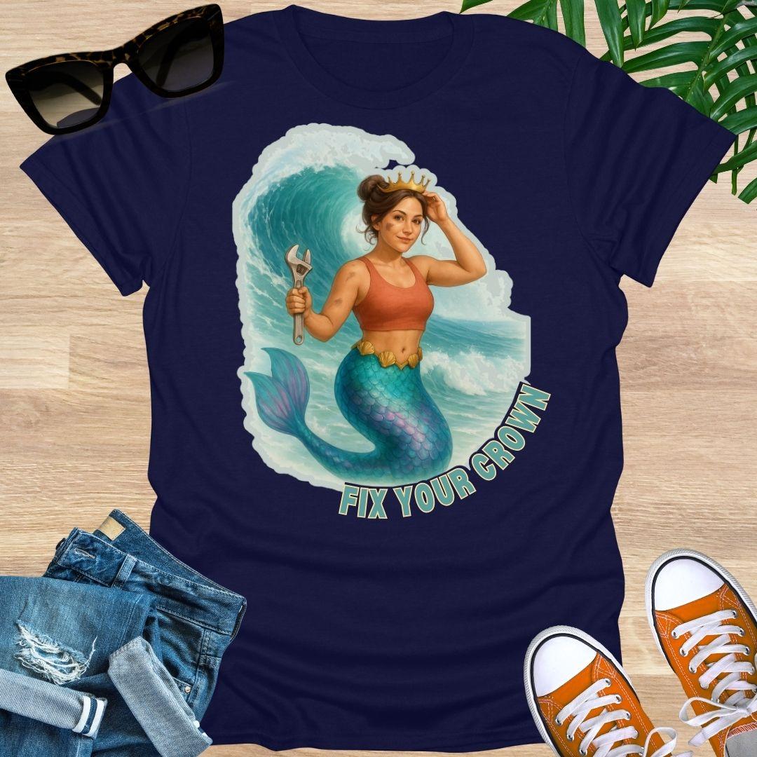 Fix Your Crown, Mermaid Mechanic, Iridescent Wave Graphic, Unisex T-Shirt