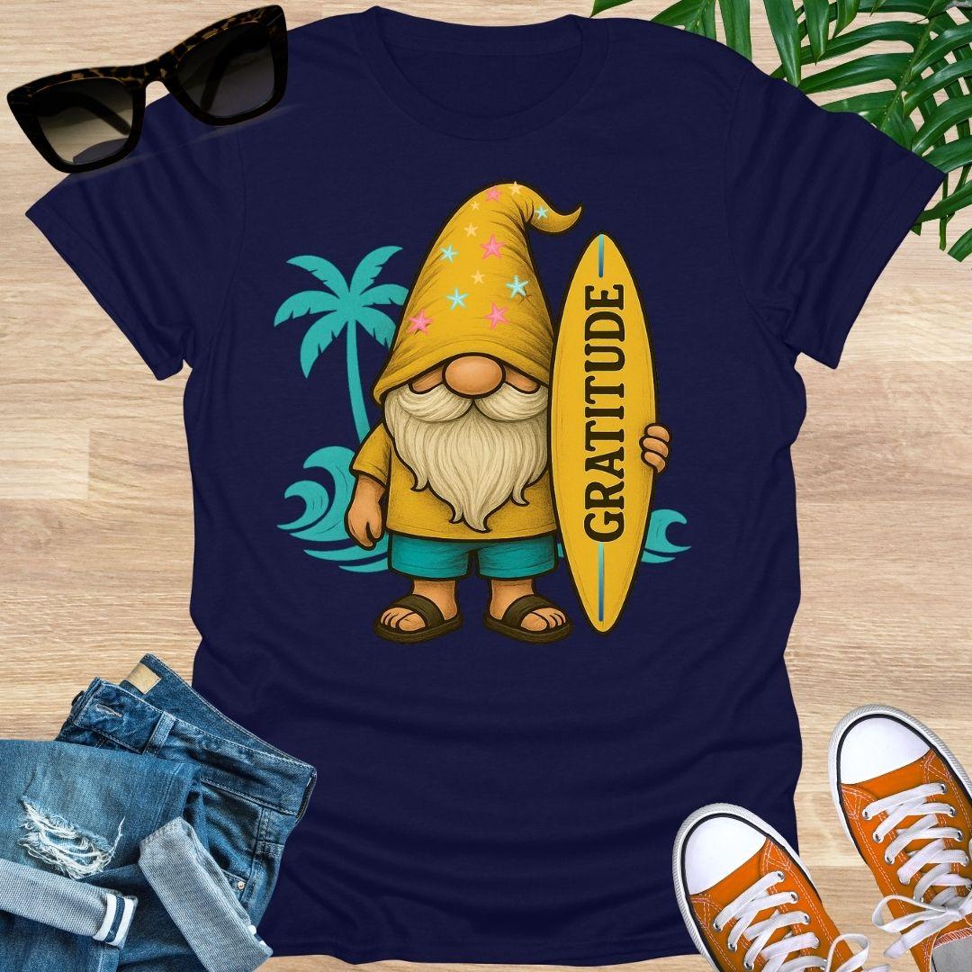 Surfer Gratitude Gnome, Beach Vibes, Unisex T-Shirt