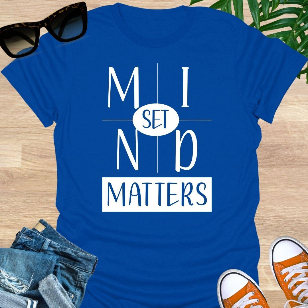 Blue unisex “Mindset Matters” graphic T-shirt with bold white lettering