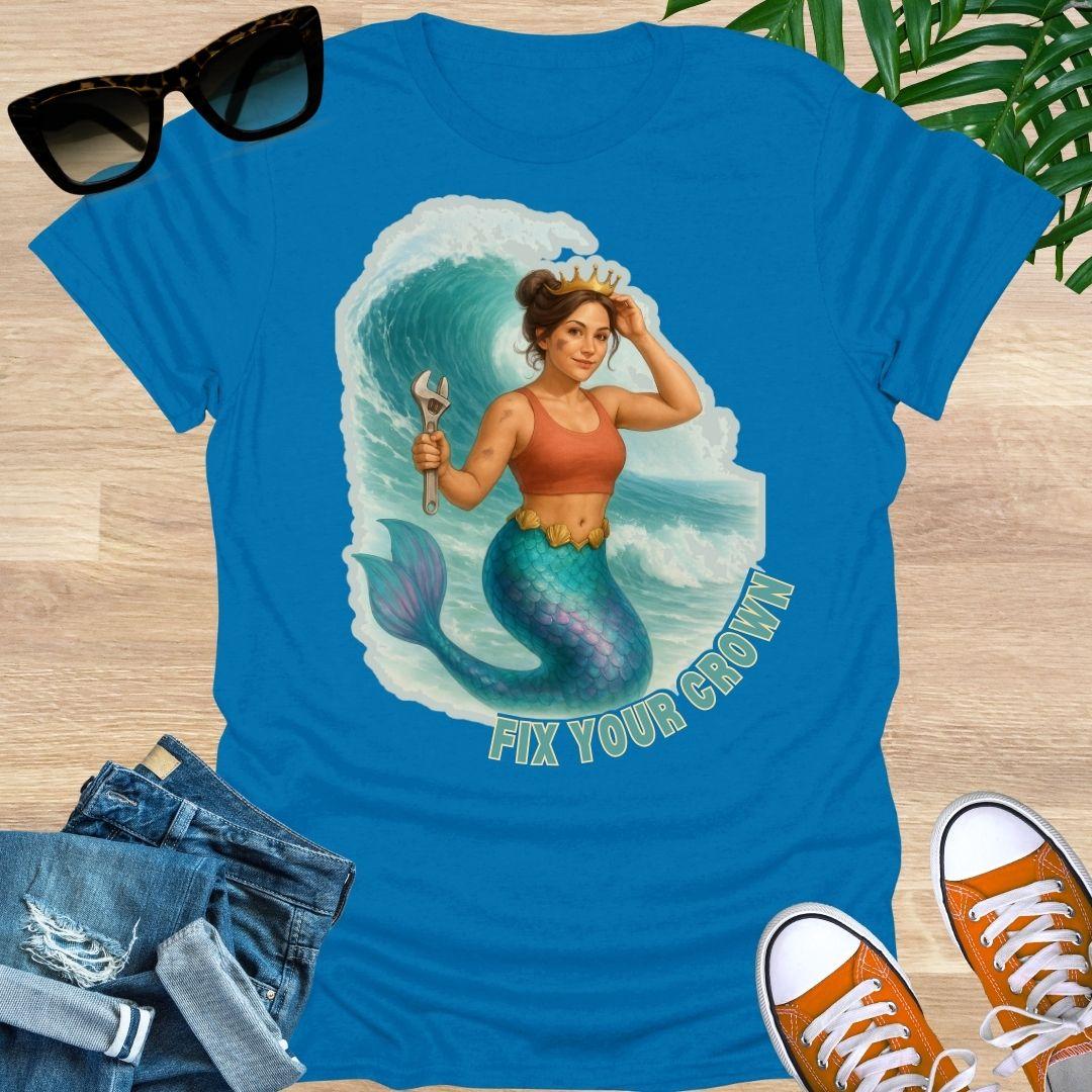 Fix Your Crown, Mermaid Mechanic, Iridescent Wave Graphic, Unisex T-Shirt