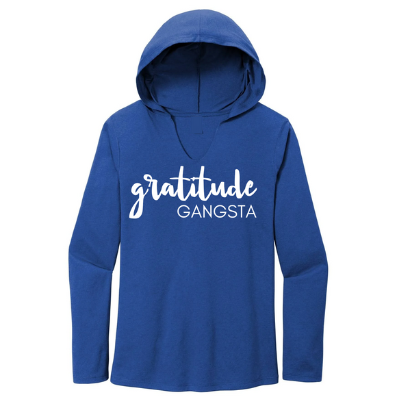Womans Lightweight Hoodie, This blue hoodie  says GRATITUDE Gangsta on the front.