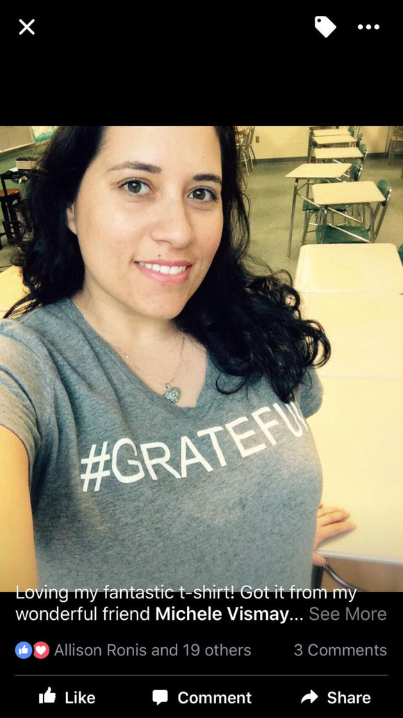 #GRATEFUL V-Neck Grey 100% Cotton Woman T-Shirt with White Accents