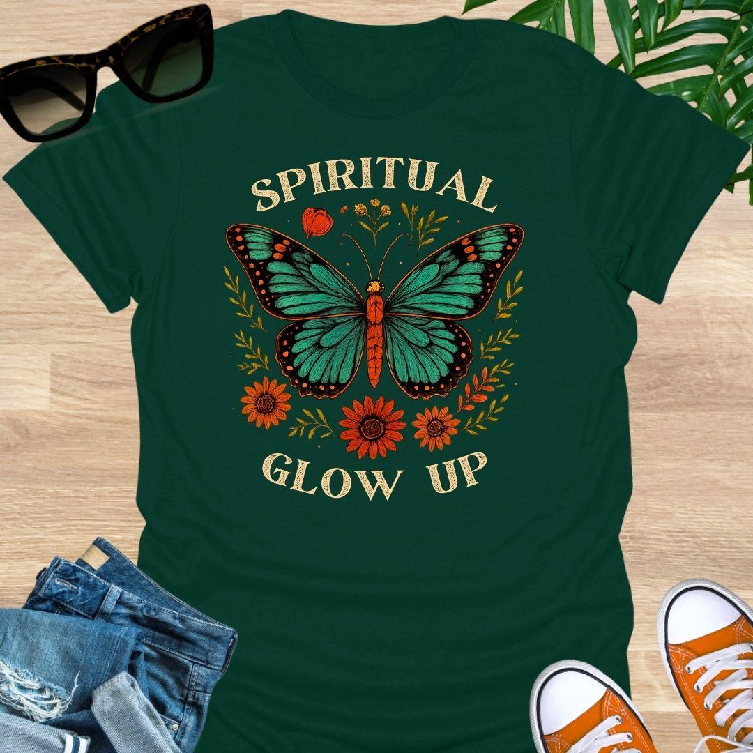 Spiritual Glow Up tee with vintage butterfly and floral  accents on a forest green unisex shirt
