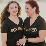 #BLESSED V-Neck Black 100% Cotton Woman T-Shirt with Metallic Gold Accents