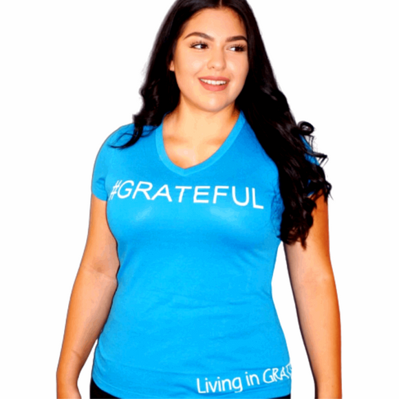 #GRATEFUL V-Neck Turquoise 100% Cotton Woman T-Shirt with White Accents