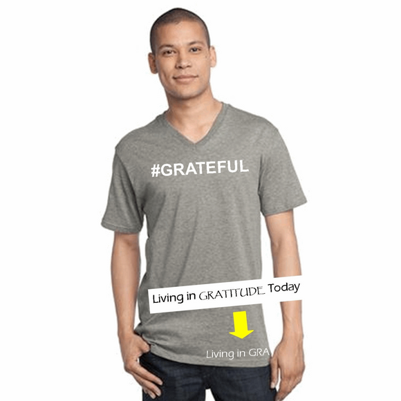 #GRATEFUL V-Neck Grey 100% Cotton Man T-Shirt with White Accents