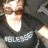 #BLESSED V-Neck Black 100% Cotton Woman T-Shirt with White Accents