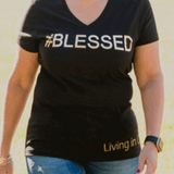 #BLESSED V-Neck Black 100% Cotton Woman T-Shirt with Metallic Gold Accents