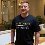Happiness is Contagious tee black 100% Cotton Man T-Shirt with White & Gold Accents