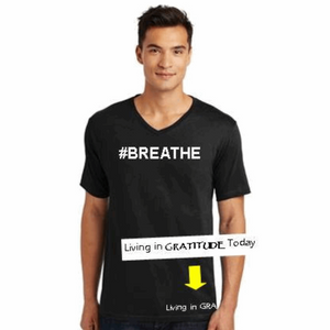 #BREATHE V-Neck Black 100% Cotton Man T-Shirt with White Accents