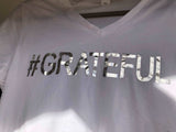 #GRATEFUL V-Neck White 100% Cotton Woman T-Shirt with Metallic Silver Accents