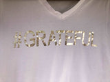 #GRATEFUL V-Neck White 100% Cotton Woman T-Shirt with Metallic Silver Accents