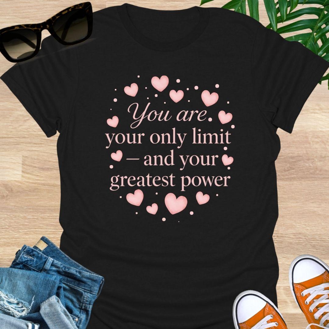 Pink hearts around the quote “You are your only limit—and your greatest power” on a black unisex tee.