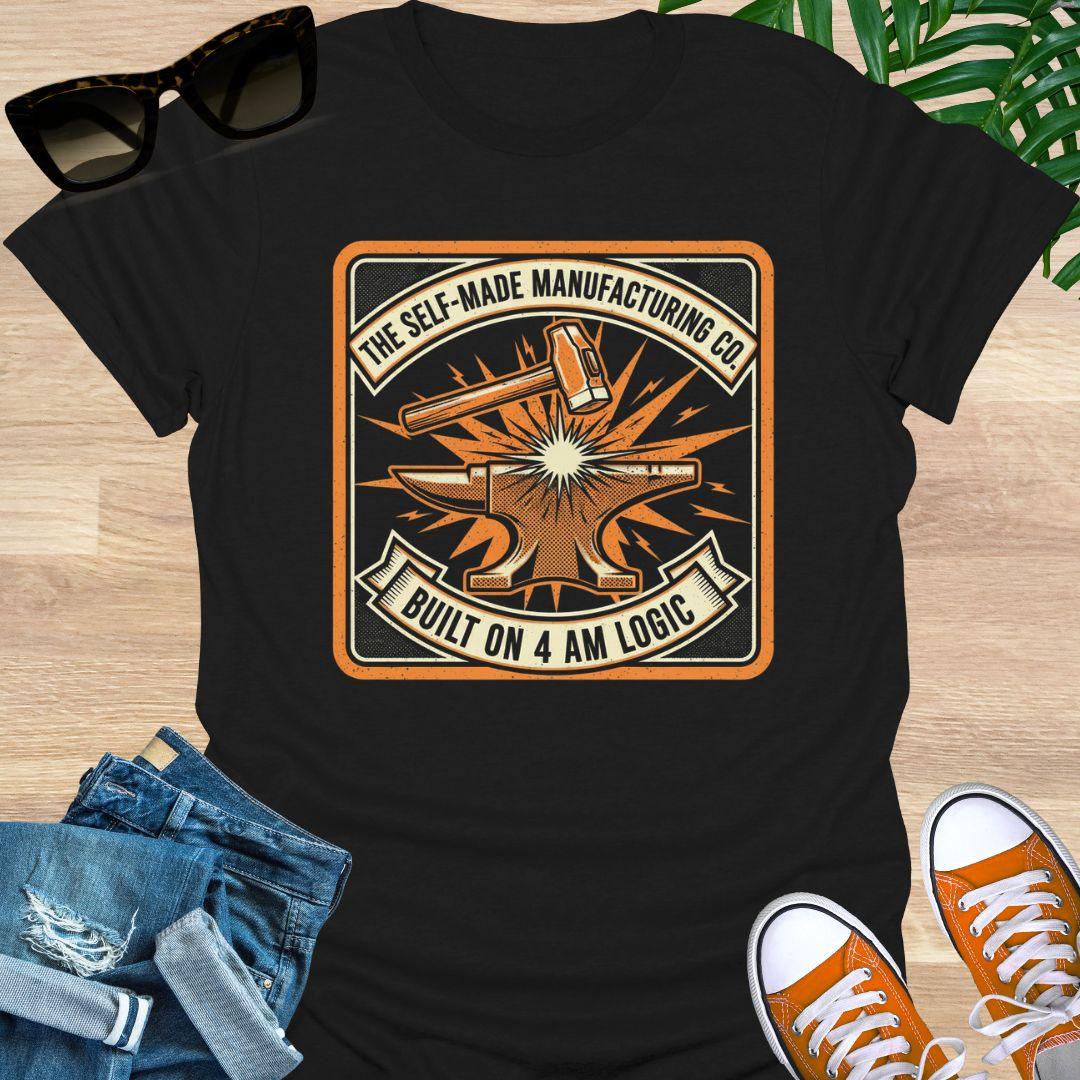 Vintage-style anvil and hammer graphic with the words “The Self-Made Manufacturing Co. – Built on 4 AM Logic” on a black unisex t-shirt