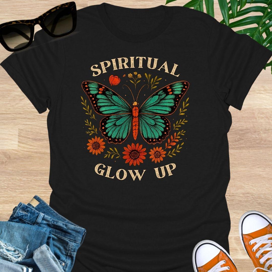 Spiritual Glow Up tee with vintage butterfly and floral  accents on a black unisex shirt