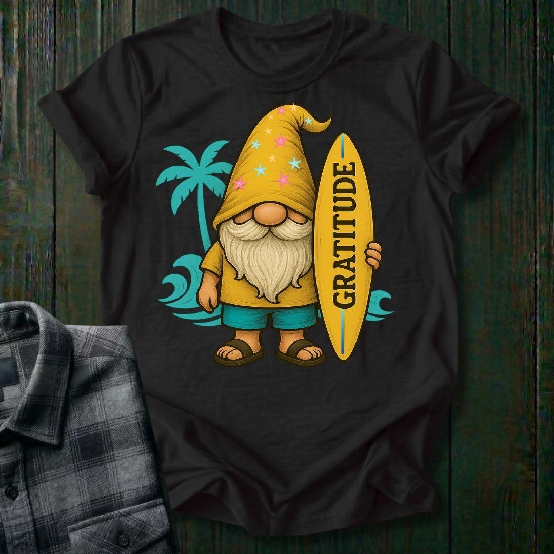Surfer Gnome with Gratitude Surfboard, Unisex T-Shirt