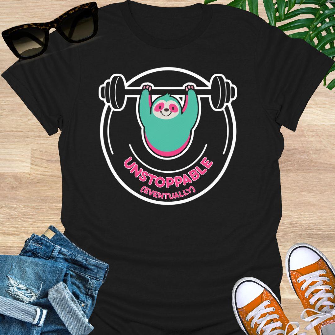 Cute sloth lifting barbell with Unstoppable (Eventually) message symbolizing persistence, patience, motivation, and steady progress on a black unisex shirt