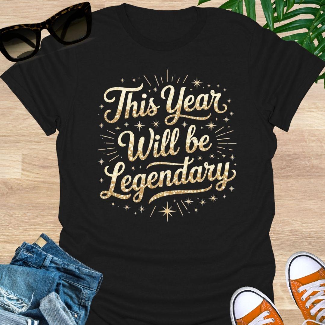 Gold sparkle script “This Year Will Be Legendary” with starbursts on a black unisex tee.