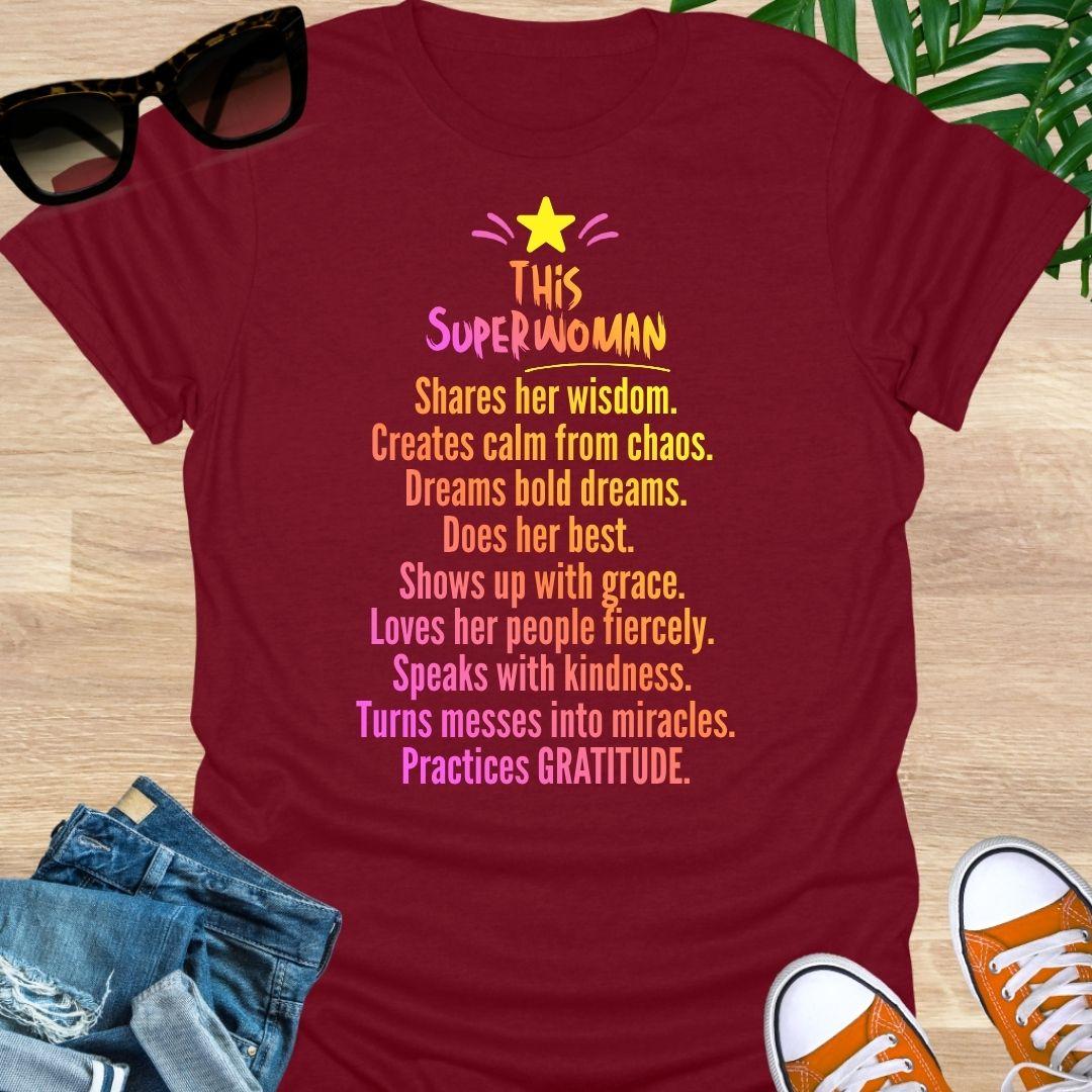 "This Superwoman” rainbow text with star—gratitude quote on a red unisex tee