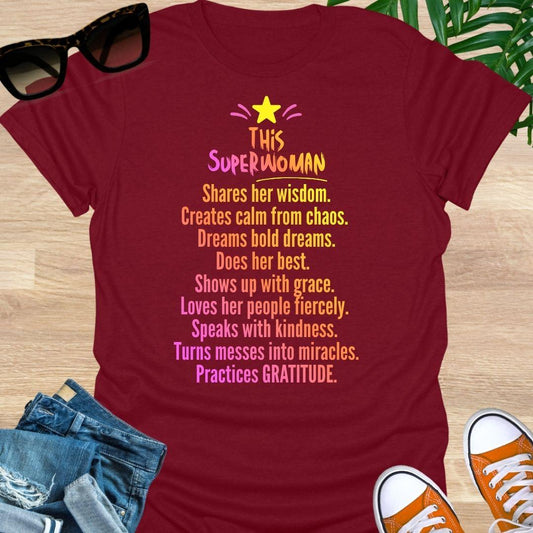 "This Superwoman” rainbow text with star—gratitude quote on a red unisex tee