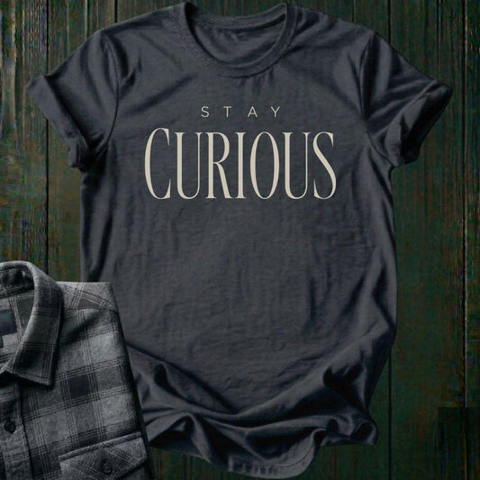 Elegant minimalist typography design featuring the phrase "Stay Curious" in refined serif lettering on a charcoal tee.