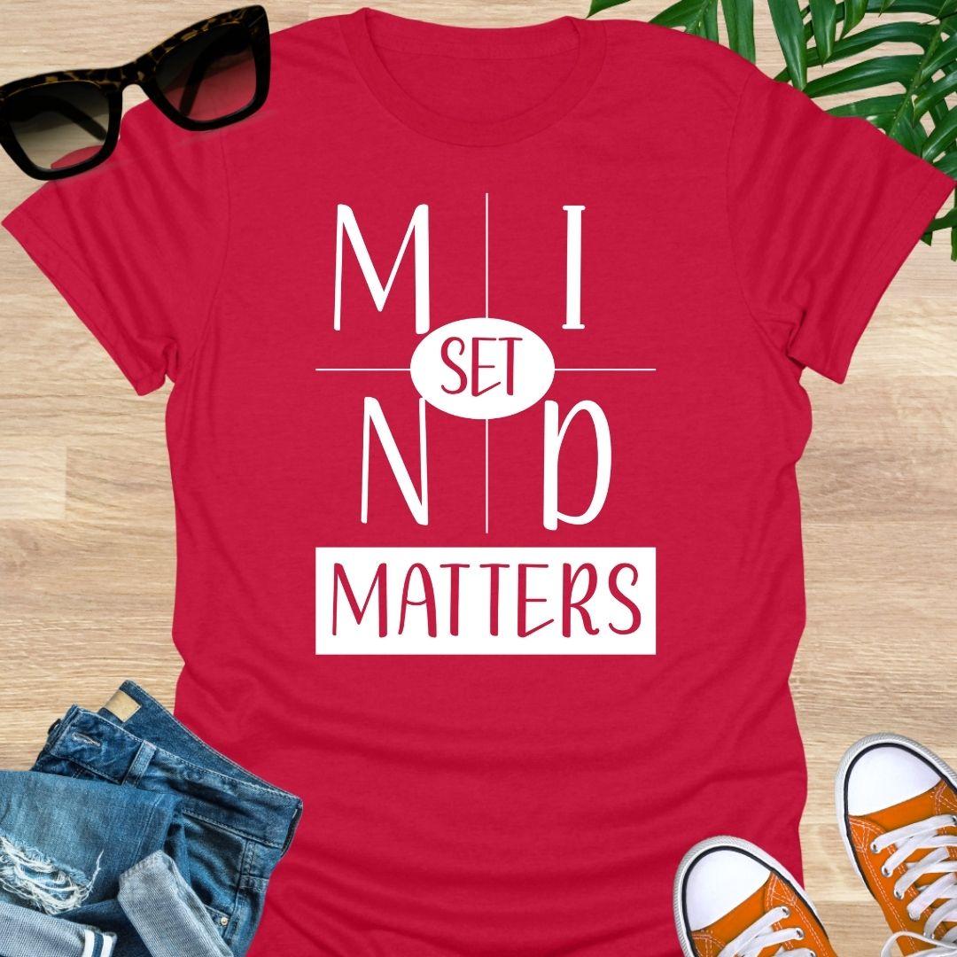 Red unisex “Mindset Matters” graphic T-shirt with bold white lettering