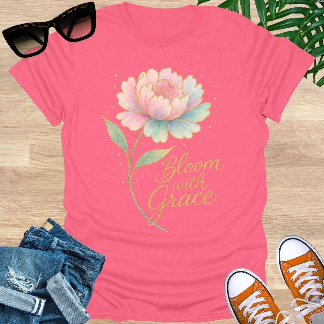 Watercolor floral design with pastel flower and gold text reading “Bloom With Grace.” on a coral unisex tee