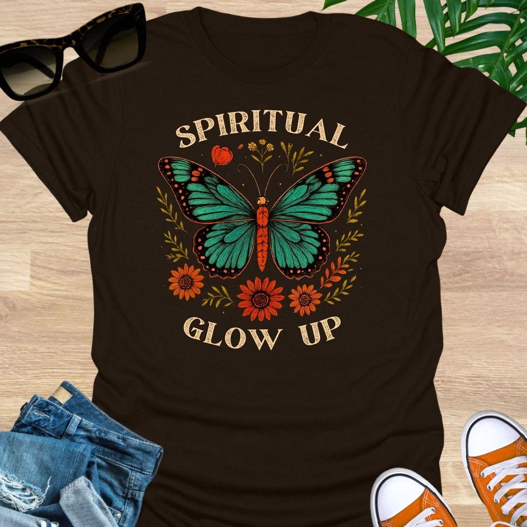 Spiritual Glow Up tee with vintage butterfly and floral  accents on a brown unisex shirt