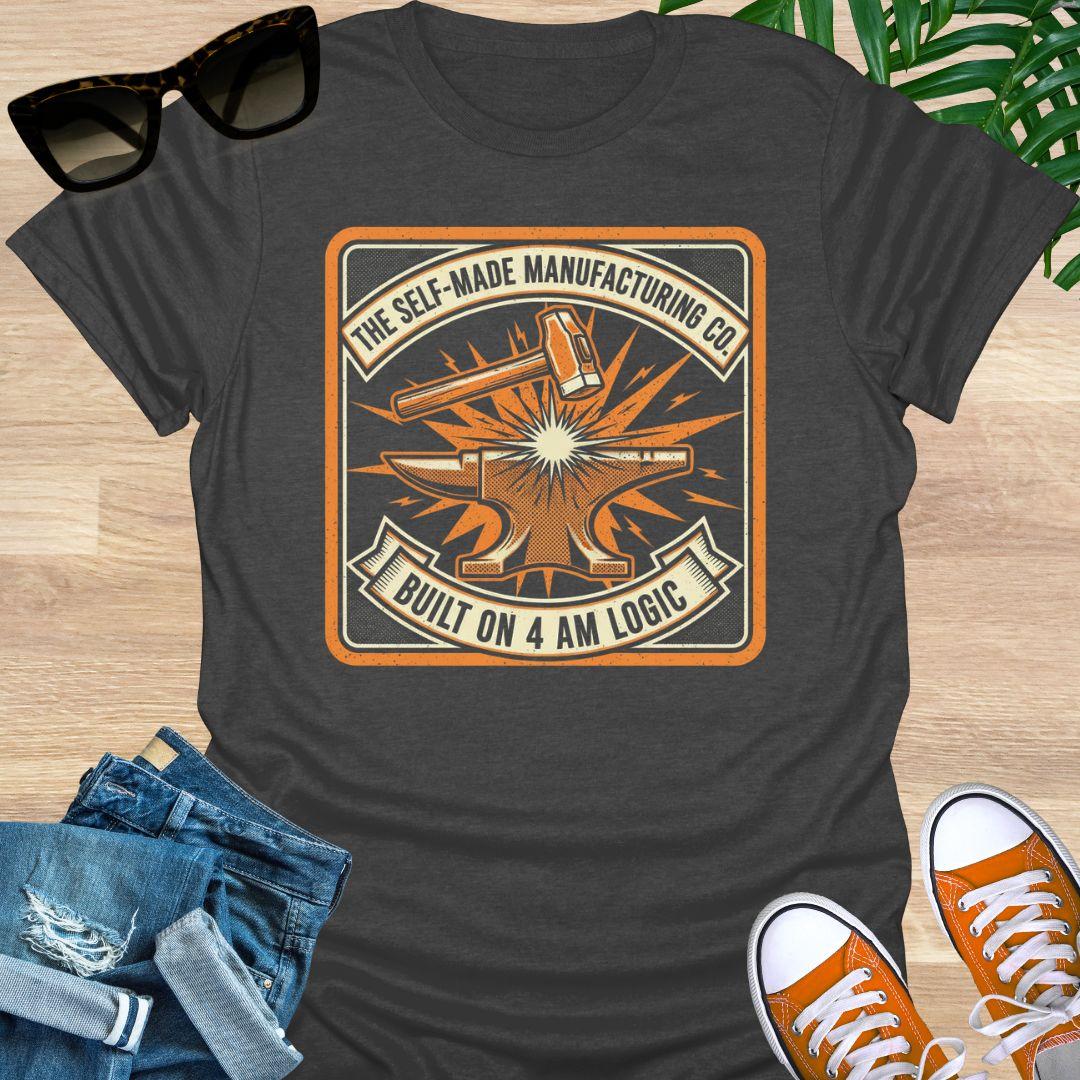 Vintage-style anvil and hammer graphic with the words “The Self-Made Manufacturing Co. – Built on 4 AM Logic” on a heather gray unisex t-shirt