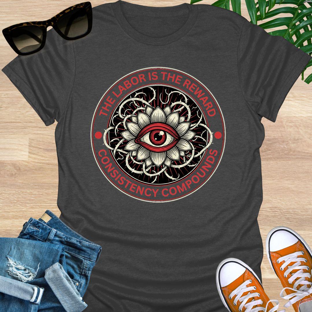 Circular red and black graphic featuring an eye inside a lotus with the words “The Labor Is the Reward – Consistency Compounds” on a heather gray t-shirt