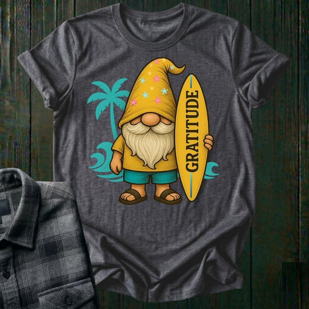 Surfer Gnome with Gratitude Surfboard, Unisex T-Shirt