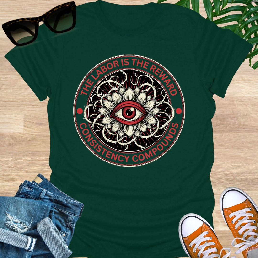 Circular red and black graphic featuring an eye inside a lotus with the words “The Labor Is the Reward – Consistency Compounds” on a forrest green t-shirt 