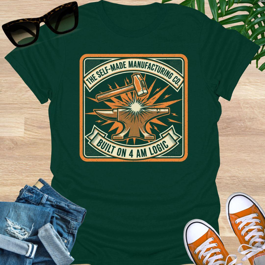 Vintage-style anvil and hammer graphic with the words “The Self-Made Manufacturing Co. – Built on 4 AM Logic” on a forrest green unisex t-shirt