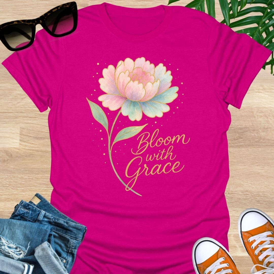 Watercolor floral design with pastel flower and gold text reading “Bloom With Grace.” on a hot pink unisex tee