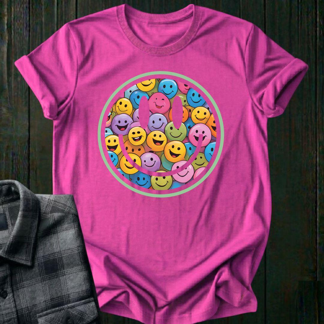 Pink t-shirt with colorful smiley face design on a wooden surface