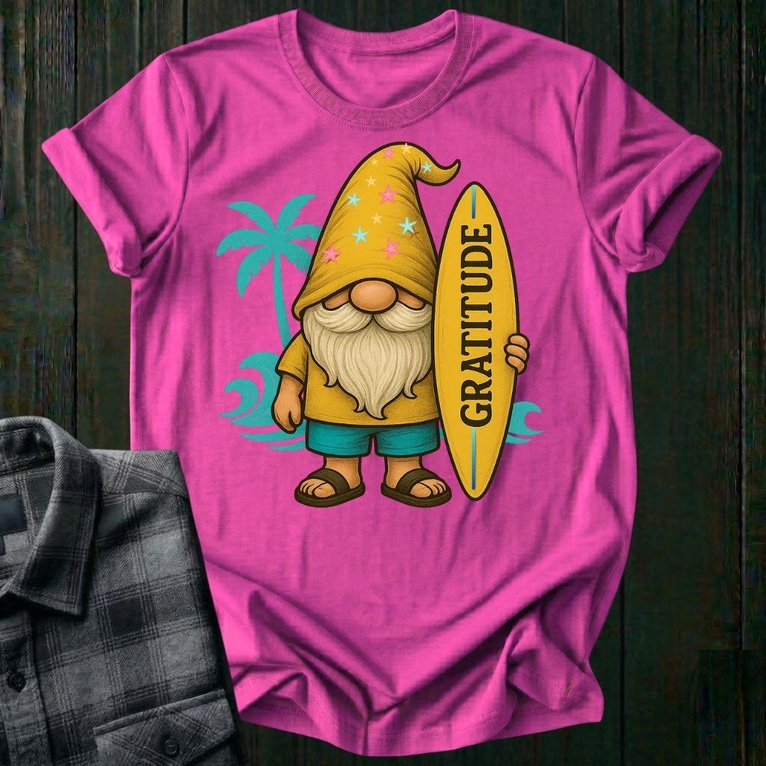 Surfer Gnome with Gratitude Surfboard, Unisex T-Shirt