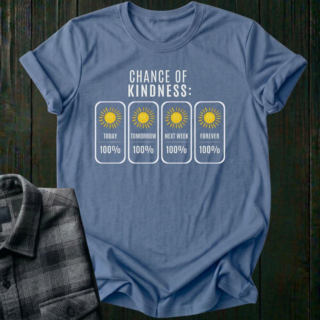 Weather forecast inspired graphic displaying a 100% chance of kindness today, tomorrow, next week, and forever with bright sun icons on a indigo blue tee.