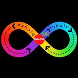 Inhale Exhale, Breathe, Meditation, Mental Health, Calming Sticker on black background. Infinity symbol is rainbow colors.