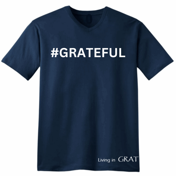 #GRATEFUL V-Neck Navy 100% Cotton Man T-Shirt with White Accents