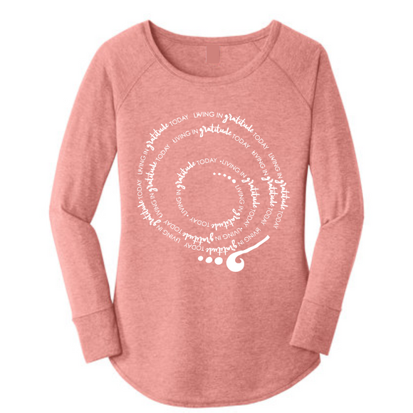 Living in GRATITUDE Today Spiral Long Sleeve Shirt Blush Tri-Blend Woman Tunic Pullover With White Accents