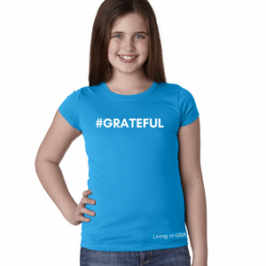 #GRATEFUl turquoise tee shirt | Girl  youth | Living in GRATITUDE Today along left bottom