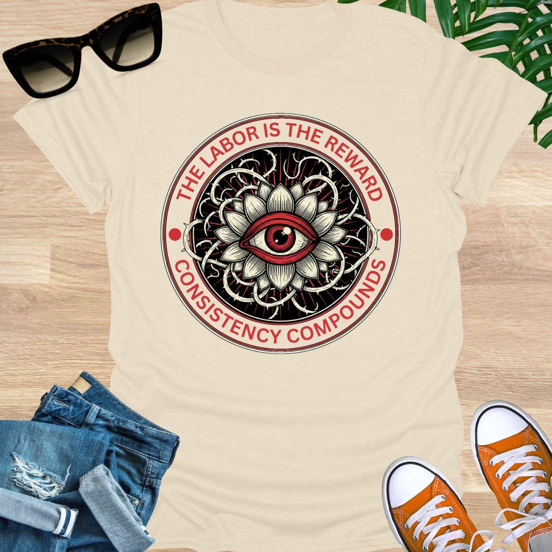 Circular red and black graphic featuring an eye inside a lotus with the words “The Labor Is the Reward – Consistency Compounds” on a natural t-shirt